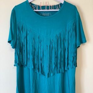 Crazy Train Tee with Fringe Turquoise